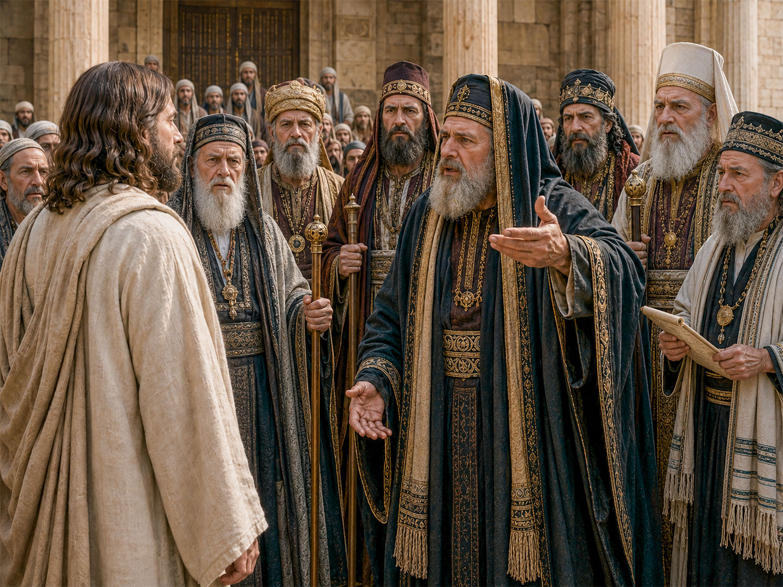 Chief priests, scribes, and elders challenge Jesus’s authority.